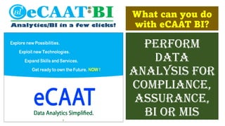 Do MORE in less Time
by using eCAAT-BI!
32
DA/BI/MIS Skills
of Analytics
Empowers
Professionals of
Accounting,
Assurance,
...