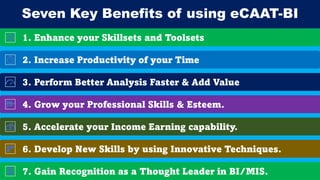 How does eCAAT BI help in Performing
Data Analytics/BI/MIS?
Knowledge Skills
Tools and
Techniques
Value
addition
for all
 