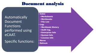 Use case of eCAAT-BI:
Walk-through of Functions
• eCAAT-BI (Business Intelligence) is an Add-in to MS Excel which can be
c...