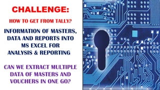 DYNAMICALLY
INTERFACE WITH TALLY
TO GET MASTERS,
TRANSACTIONS & REPORTS
FROM TALLY TO MS EXCEL IN
A STRUCTURED FORMAT
AND
...