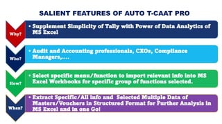 ONE STOP SOLUTION
FOR CA FIRMS
PERFORM AUTOMATED
IMPORTING OF DATA
OF
MASTERS,
TRANSACTIONS AND
REPORTS
FROM
TALLY TO MS E...