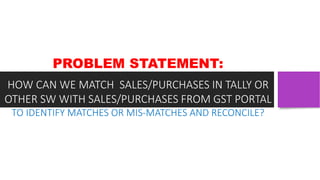 INTERFACE WITH TALLY TO
EXPORT MASTERS,
TRANSACTIONS & REPORTS
OF GST FROM TALLY
TO MS EXCEL AND
PERFORM GST MATCHING
FOR ...