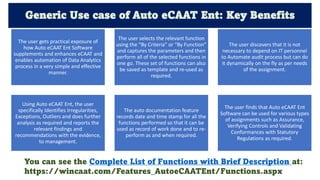 Specific Use Case: Accounts Payable
Sample CAAT Queries Performed
1. Calculate cash requirements by bank, period,
product,...