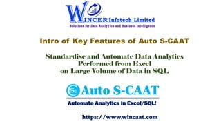 Intro of Key Features of Auto S-CAAT
Standardise and Automate Data Analytics
Performed from Excel
on Large Volume of Data ...