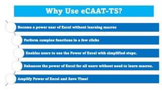 Panels
Brief Description of Panels in eCAAT-TS
Curate Curate refers to transforming data in a standard structure to be
usa...