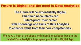 Using Data Analytics is an Art and a Science
Data Analytics is an art requires
understanding of business
process and appli...