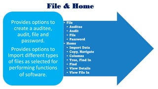 Use case
of
SoftCAAT-BI:
User has
walk-through of
the various
powerful functions
available in
Panels of:
• Import Data
• N...